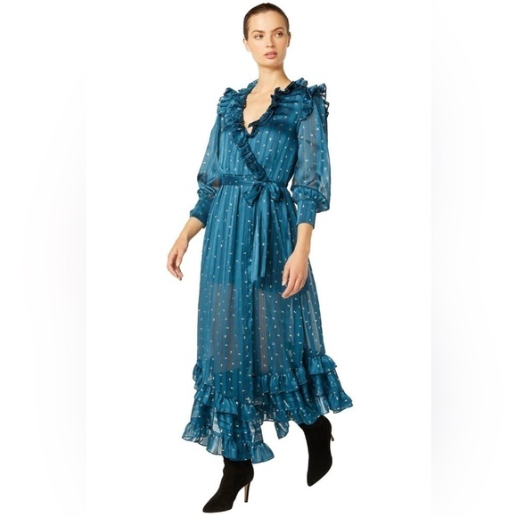 NEW Misa Los Angeles Blue Ruffle Maxi Faux Wrap Long Sleeve V Neck Sheer Dress - Picture 2 of 16